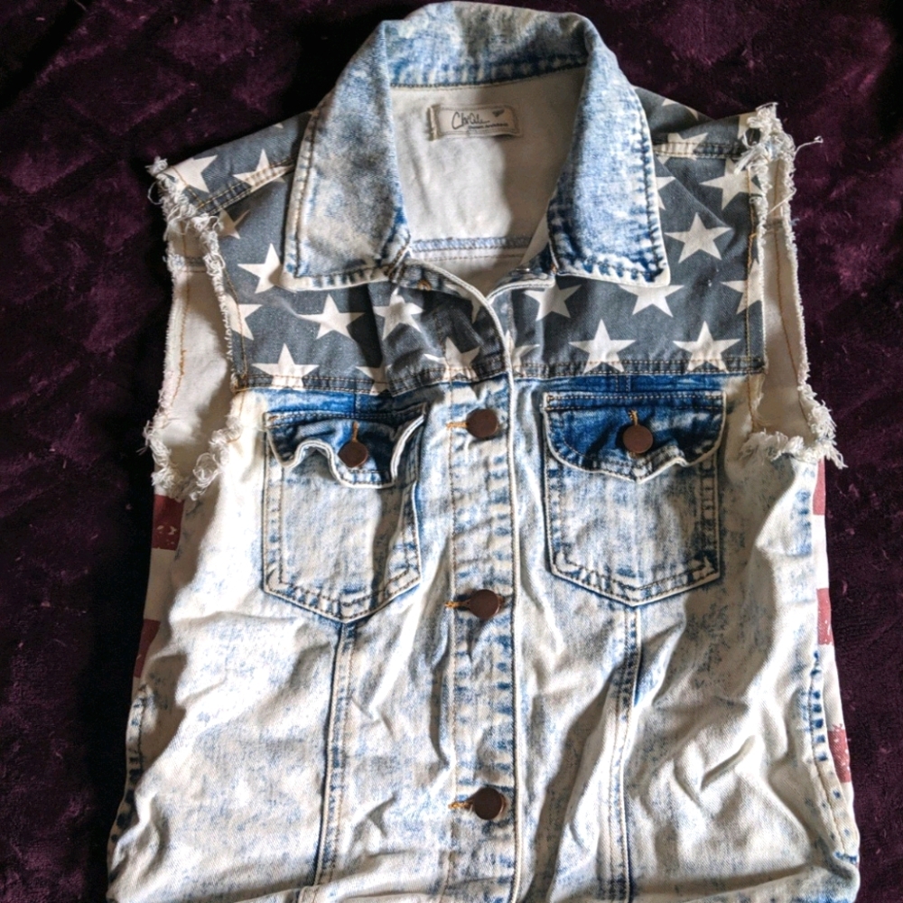 CHIQLE American Flag Sleeveless Jean Jacket